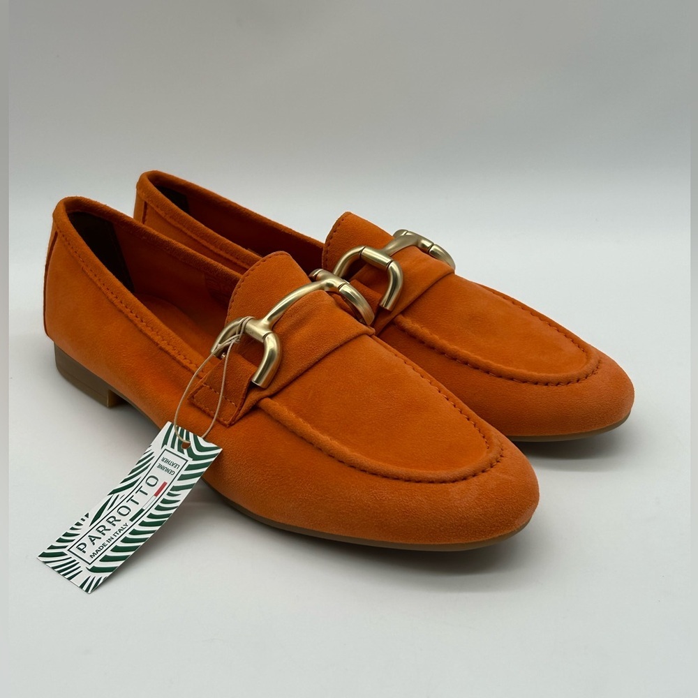 Parrotto Italian Women’s Suede Loafers Orange Gold Horsebit EU 39 NWB - Picture 4 of 13